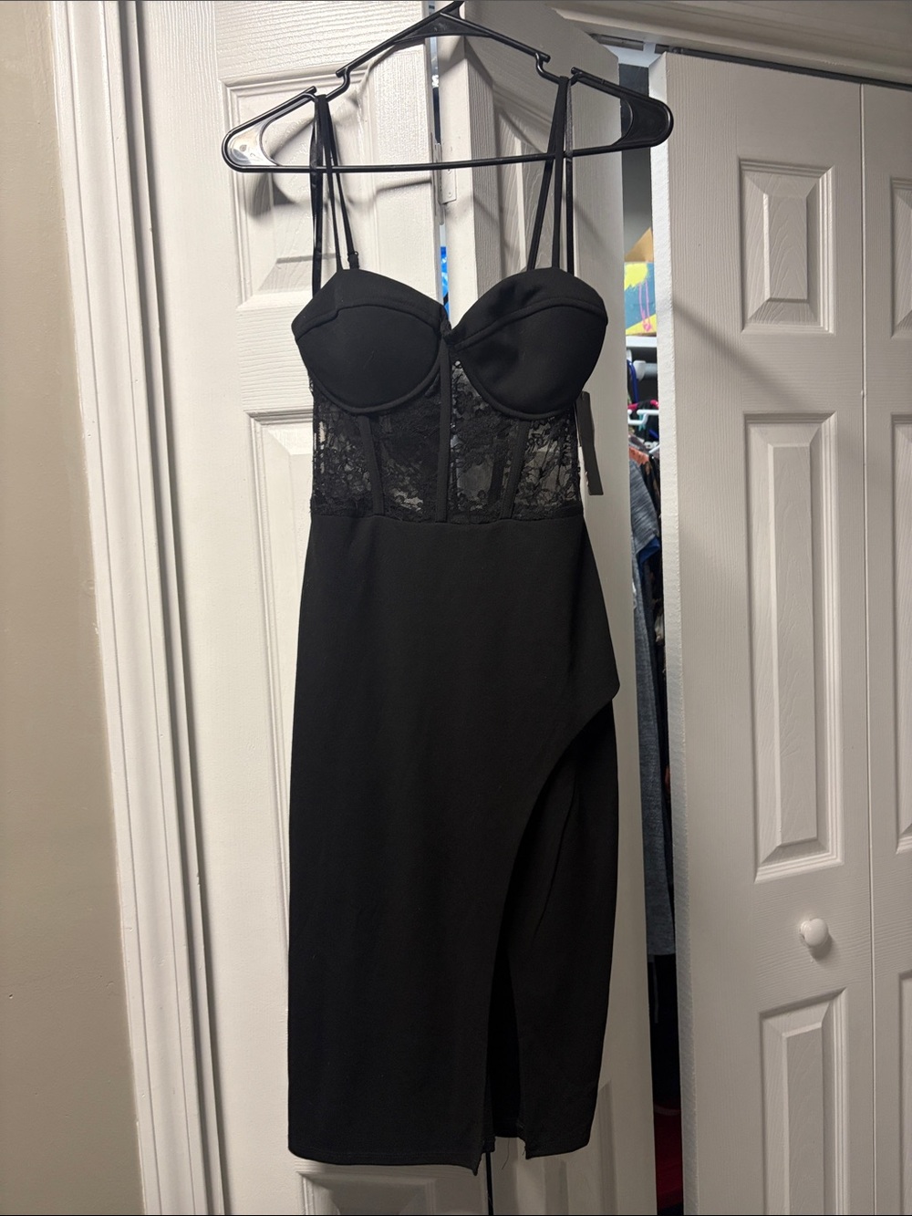 Black Lace Bustier Midi Dress with Side Slit